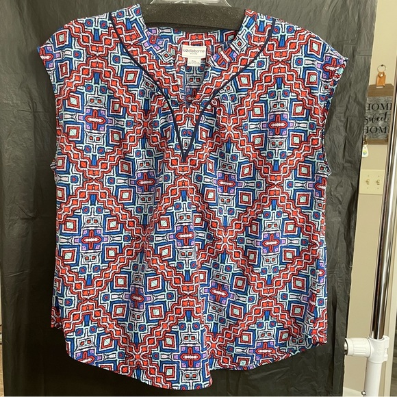 Liz Claiborne PXL Red and White Boxy Blouse with Mandarin Collar Summer Casual - Picture 1 of 3
